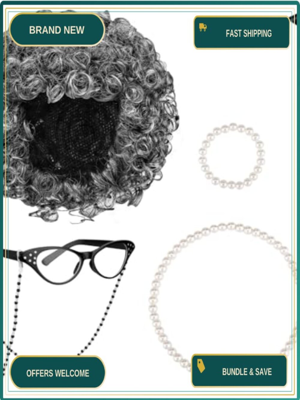 Old Lady Costume Set 6pc Grandma Wig Cane Pearl Necklace Bracelet